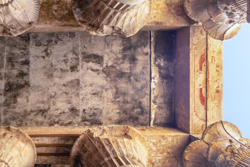 Columns with hieroglyphs and polychromy at Edfu Temple, Dedicated to the Falcon God Horus, Located on the west bank of the Nile