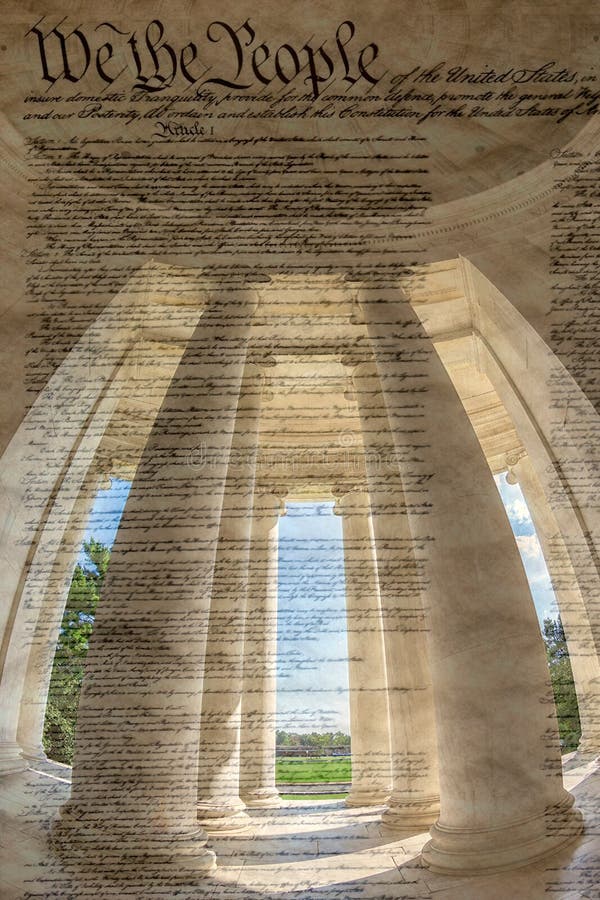 Columns inside of Jefferson Memorial wiyh Declaration of Independence in background stock photography