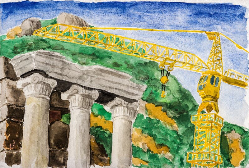 Columns with Ionic capitals aside modern crane at the archeological site of Ephesus. A historical tourist attraction in Turkey. Watercolor painting
