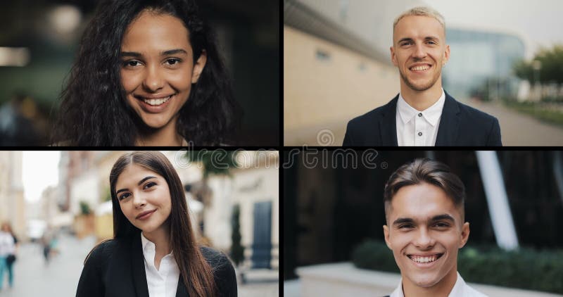 Colônia de jovens empresários bem-sucedidos. retratos de homens e mulheres olhando para a câmera. colagem de ecrã dividido múltipl