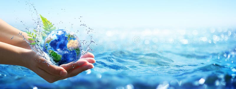 Ocean Environment Concept - Hands Holding Globe Glass In Blue Sea With Defocused Lights - Contain 3d Rendering - elements of this images furnished by NASA - Visible Earth. Ocean Environment Concept - Hands Holding Globe Glass In Blue Sea With Defocused Lights - Contain 3d Rendering - elements of this images furnished by NASA - Visible Earth