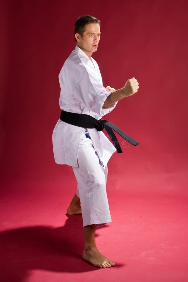 A model in a Karate Kimono with black belt(level) in a defensive pose, on a red background. A model in a Karate Kimono with black belt(level) in a defensive pose, on a red background.