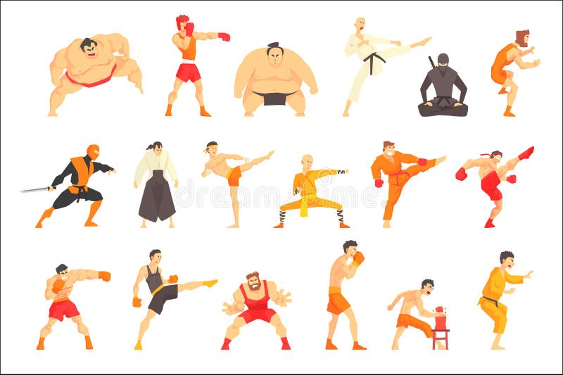Combattants d'arts martiaux d?montrant diff?rentes ?ruptions de technique r?gl?es des sports de combat asiatiques professionnels illustration libre de droits Combattants d'arts martiaux d?montrant diff?rentes ?ruptions de technique r?gl?es des sports de combat asiatiques professionnels illustration libre de droits