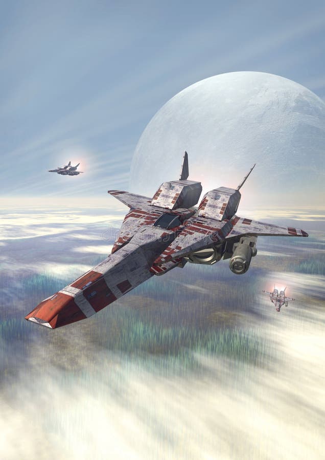 Space fighter on patrol 3D render science fiction illustration. Space fighter on patrol 3D render science fiction illustration