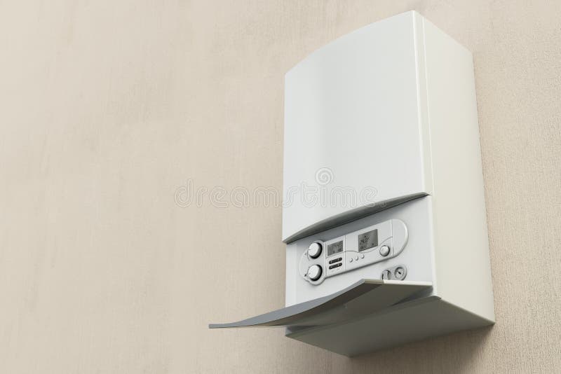 Combi boiler on the wall. Copy space on the left. 3D illustration