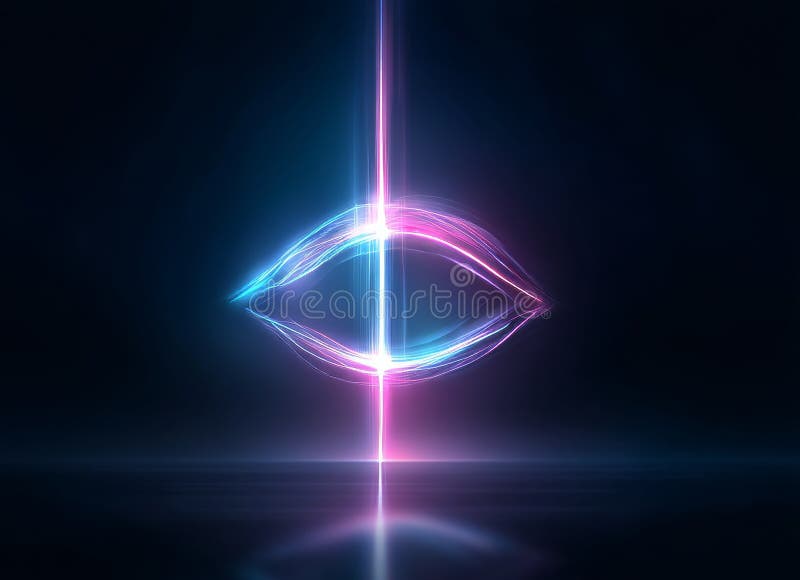 The combination of a circular shape and dynamic pink and blue light trails swirling around it, all set against a dark blue royalty free stock photography