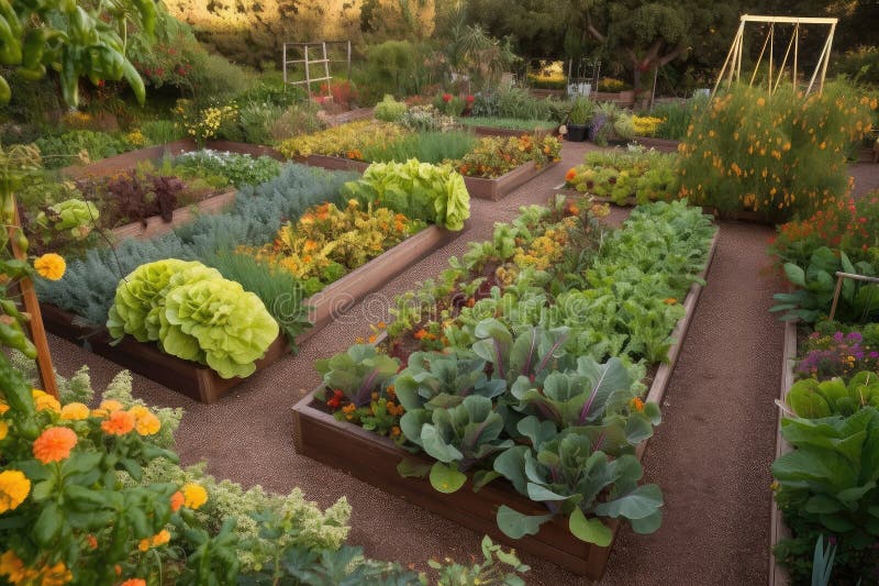 Combination of Flower Beds and Vegetable Gardens, with Pathways for Easy Access Stock Photo