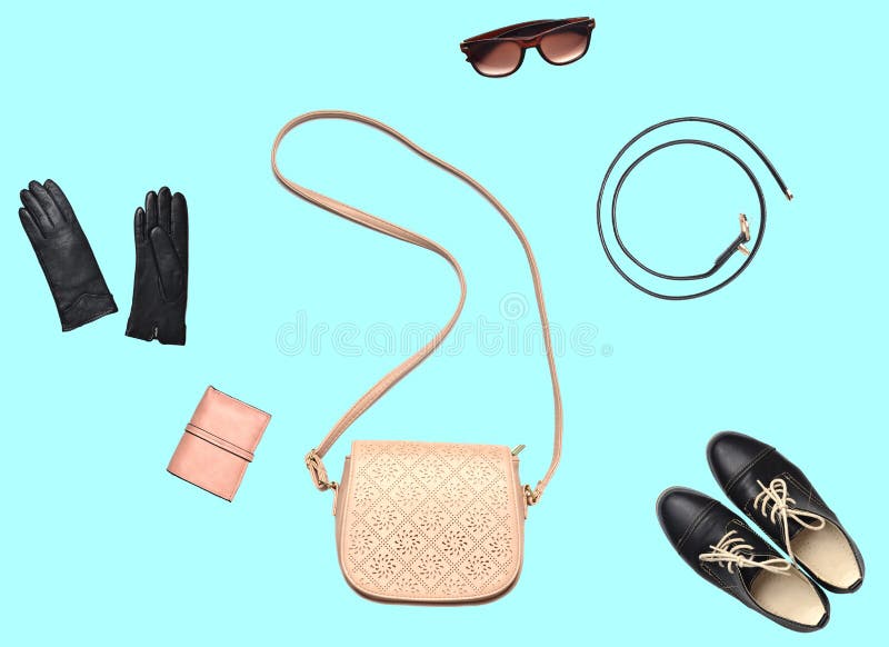 Combination of women& x27;s clothing, shoes, accessories on a pastel background. Fashion look. minimalism. Isolated objects.