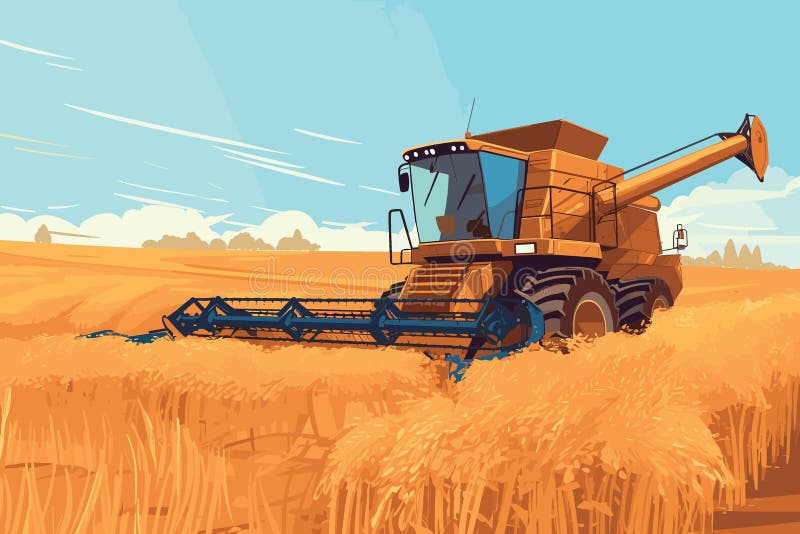Combine Harvester Working in Wheat Field. Wheat Harvesting Process with Modern Combine, Vector