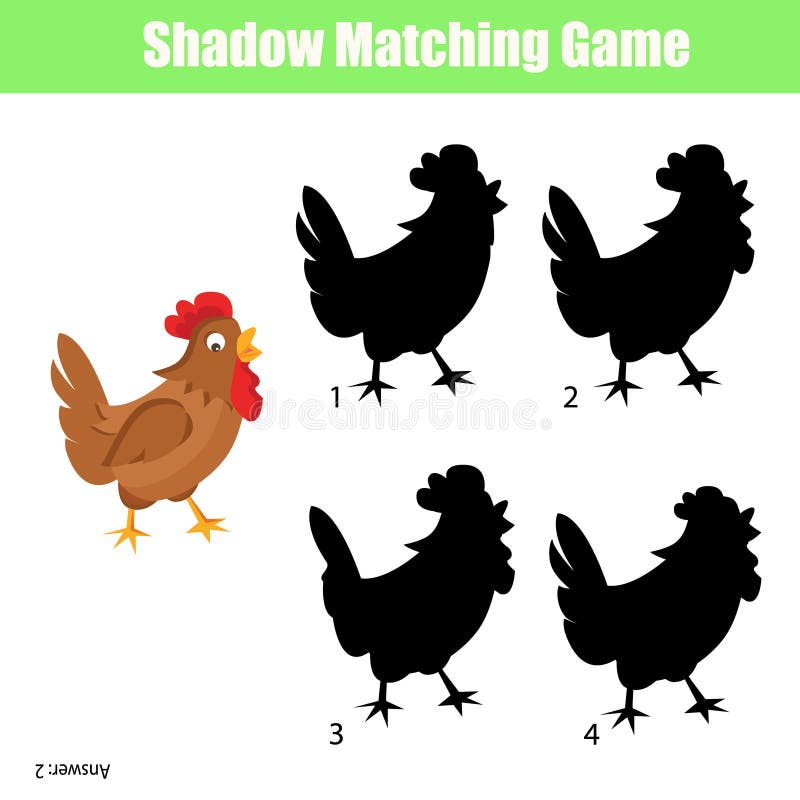 Encontre o teste de sombra correto, aprendendo o jogo de crianças com a  ilustração simples de uma galinha de desenho animado
