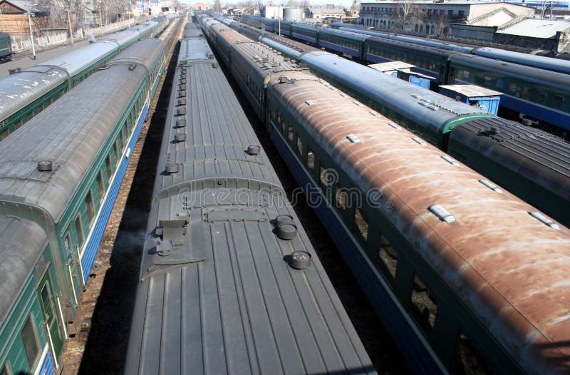 A bunch of passenger trains on a Russian railway station. A bunch of passenger trains on a Russian railway station