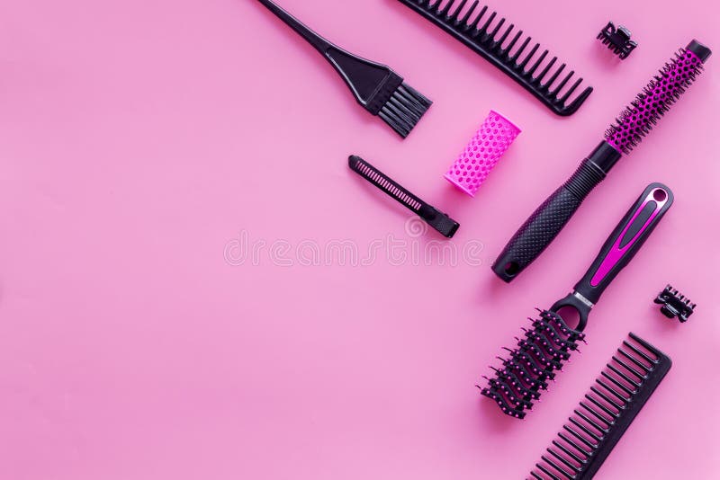 Combs and Hairdresser Tools in Beauty Salon Work Desk on Pink Background  Top View Mockup Stock Photo - Image of table, copyspace: 151371272