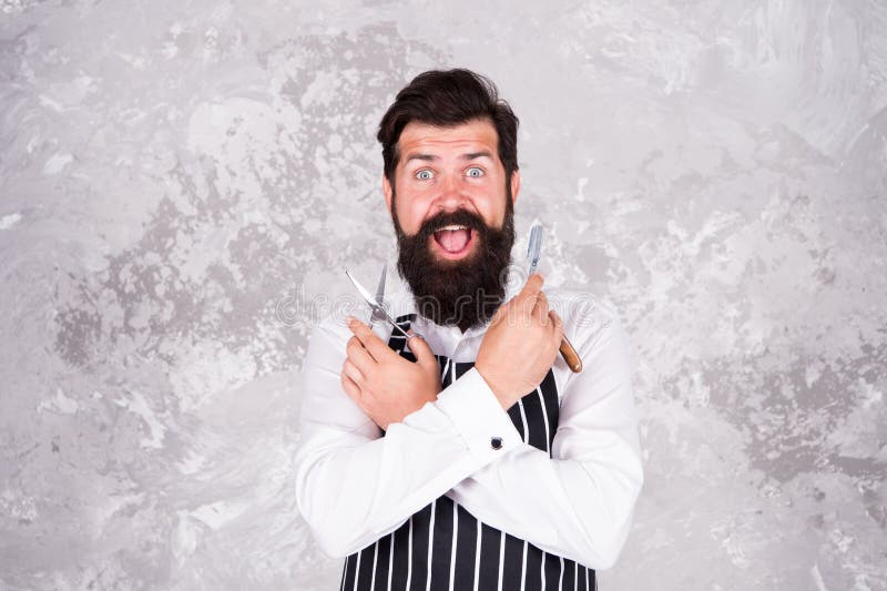 Come and get professional haircut. Barbershop master. Vintage barber. Barber in apron hairdresser equipment blade and royalty free stock images Come and get professional haircut. Barbershop master. Vintage barber. Barber in apron hairdresser equipment blade and royalty free stock images