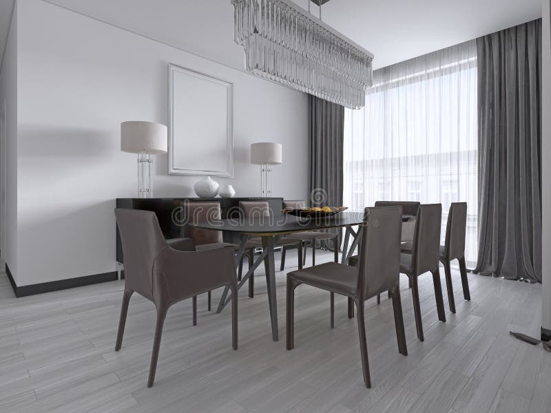 Comedor contemporáneo con una mesa de comedor rectangular grande con ocho sillas de cuero marrones y un aparador negro de la imag ilustración del vector Comedor contemporáneo con una mesa de comedor rectangular grande con ocho sillas de cuero marrones y un aparador negro de la imag ilustración del vector