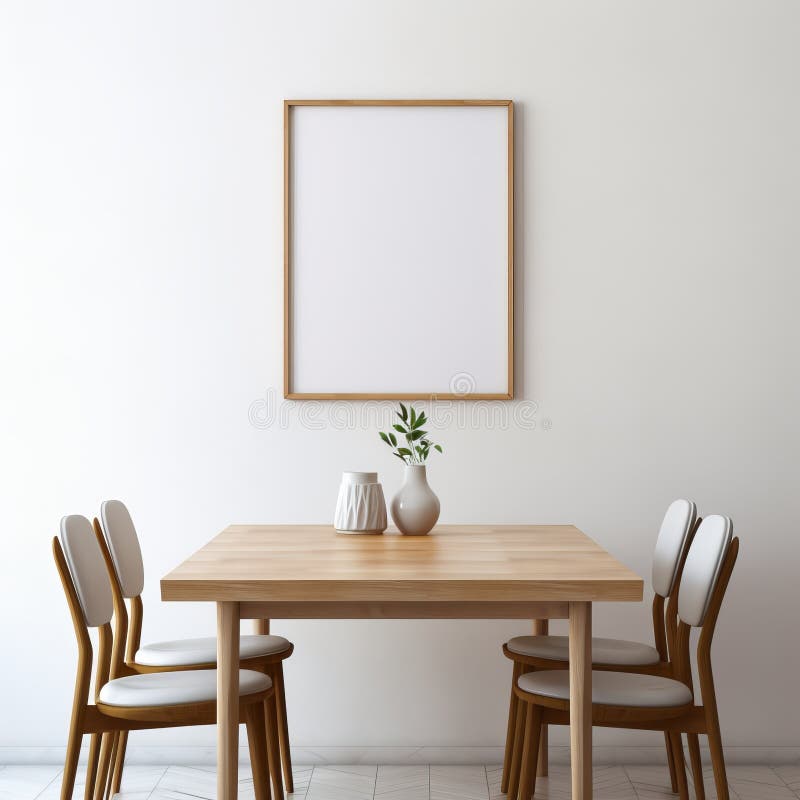 Comedor japonés minimalista con marco en blanco y mesa de madera limpia libre illustration