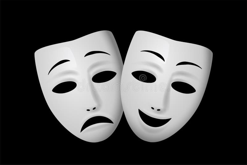 Comedy and Tragedy Theatrical Mask Isolated on Black Background. Vector Illustration. Stock
