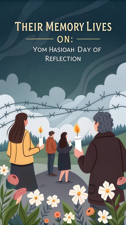 Comemorarea Zilei de Reflecție Yom HaShoah cu o adunare diversă a participanților care țin lumânări vector illustration