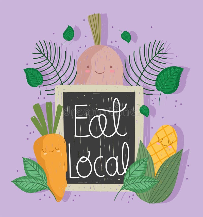  Comer Local Tablero De Dibujos Animados Vegetales Zanahoria Maíz Y Cebolla Ilustración del Vector