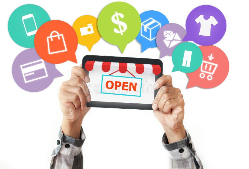 Comercio electrónico y compras en línea, concepto abierto de la tienda
