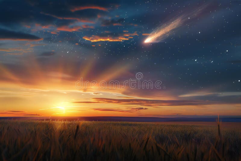 Comet over the field at sunset, photo realistic, hyper detail stock illustration