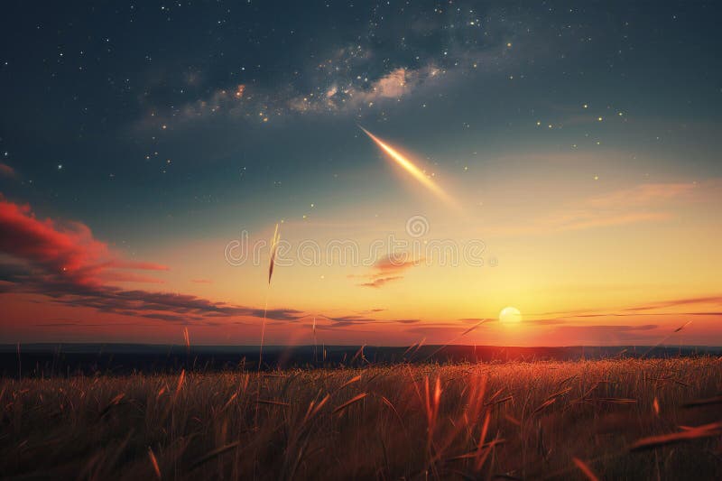 Comet over the field at sunset, photo realistic, hyper detail stock illustration