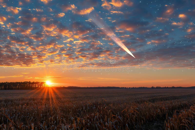 Comet over the field at sunset, photo realistic, hyper detail vector illustration