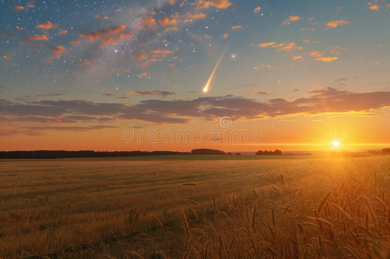 Comet over the field at sunset, photo realistic, hyper detail royalty free illustration