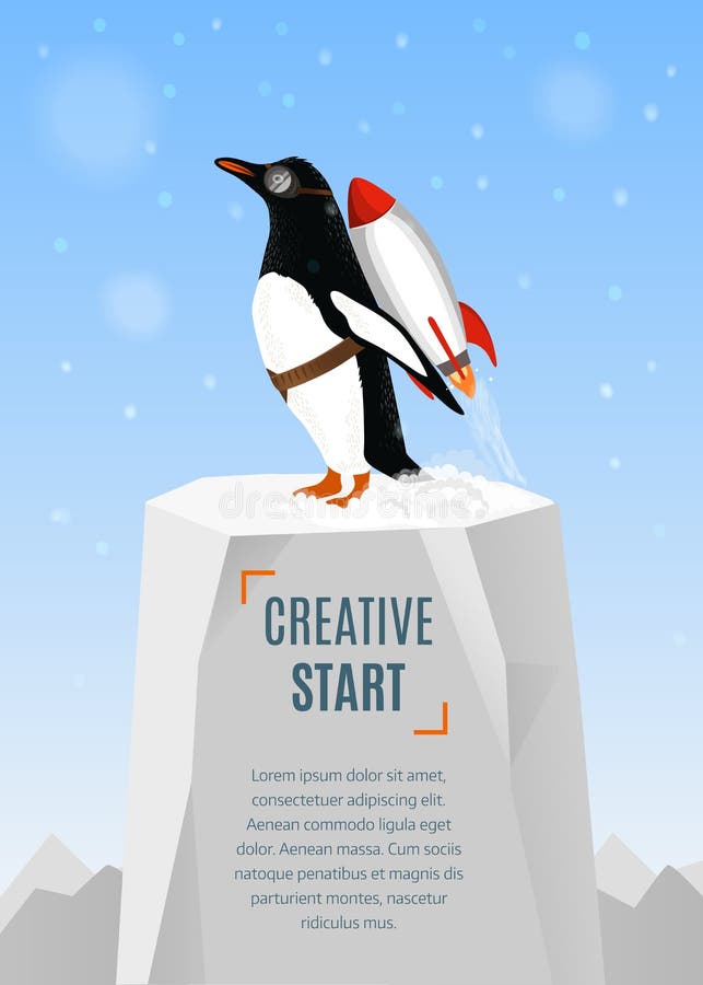 Começo criativo e conceito criativo da ideia O pinguim começa a decolar com a ajuda do foguete ilustração stock Começo criativo e conceito criativo da ideia O pinguim começa a decolar com a ajuda do foguete ilustração stock