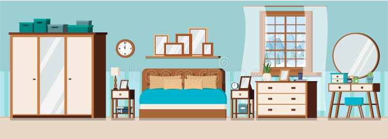 Comfortabele slaapkamer binnenlandse achtergrond met meubilair en venster stock illustratie Comfortabele slaapkamer binnenlandse achtergrond met meubilair en venster stock illustratie