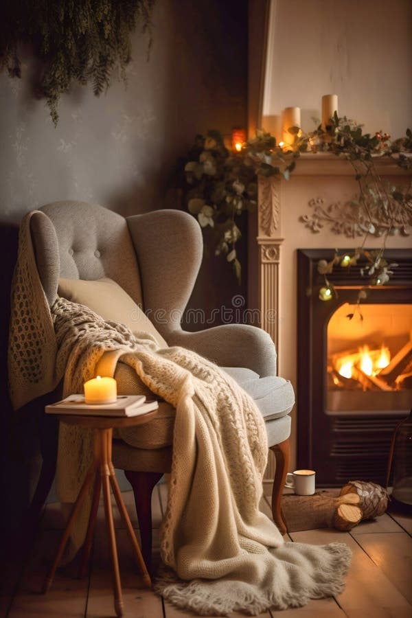 Comfortable Armchair with Warm Lighting, Crackling Fireplace and Blanket  Nearby. Winter Indoor Scene. Generative AI Stock Illustration -  Illustration of evening, flame: 272993071