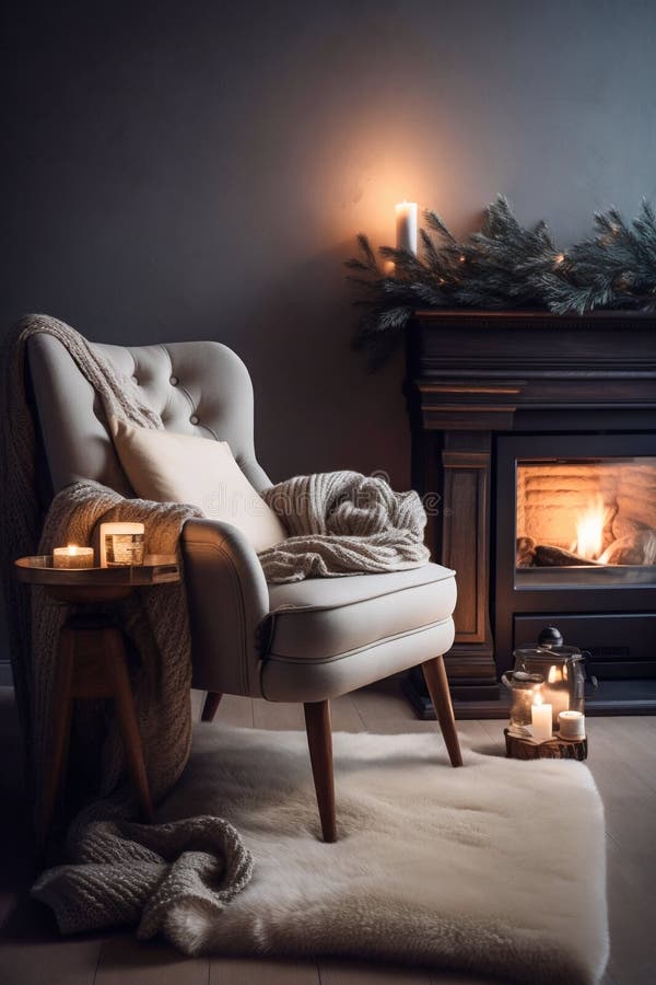 Comfortable Armchair with Warm Lighting, Crackling Fireplace and Blanket  Nearby. Winter Indoor Scene. Generative AI Stock Illustration -  Illustration of evening, flame: 272993071