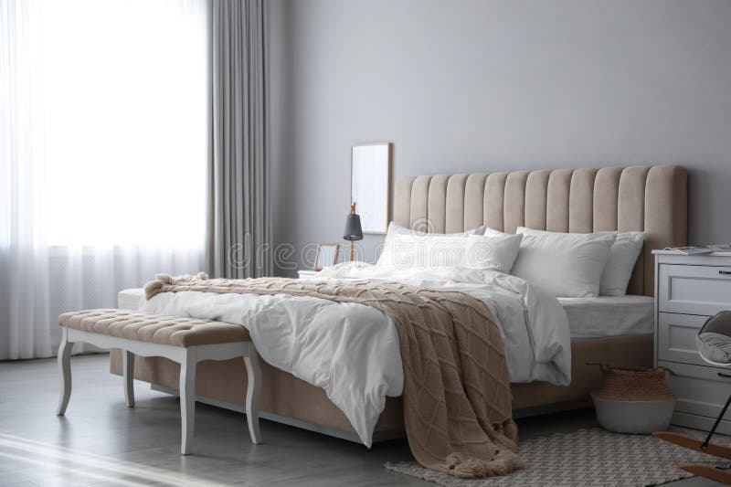 Comfortable Bed with Clean White Linens Stock Image Image of
