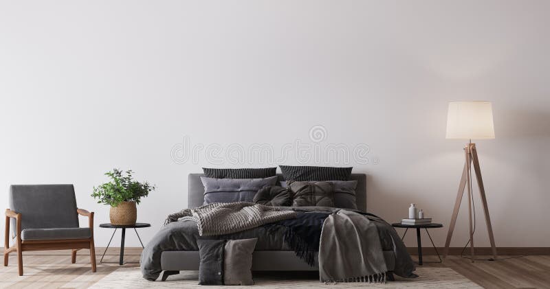 Comfortable bedroom with empty wall mockup design, dark bed on white wall background