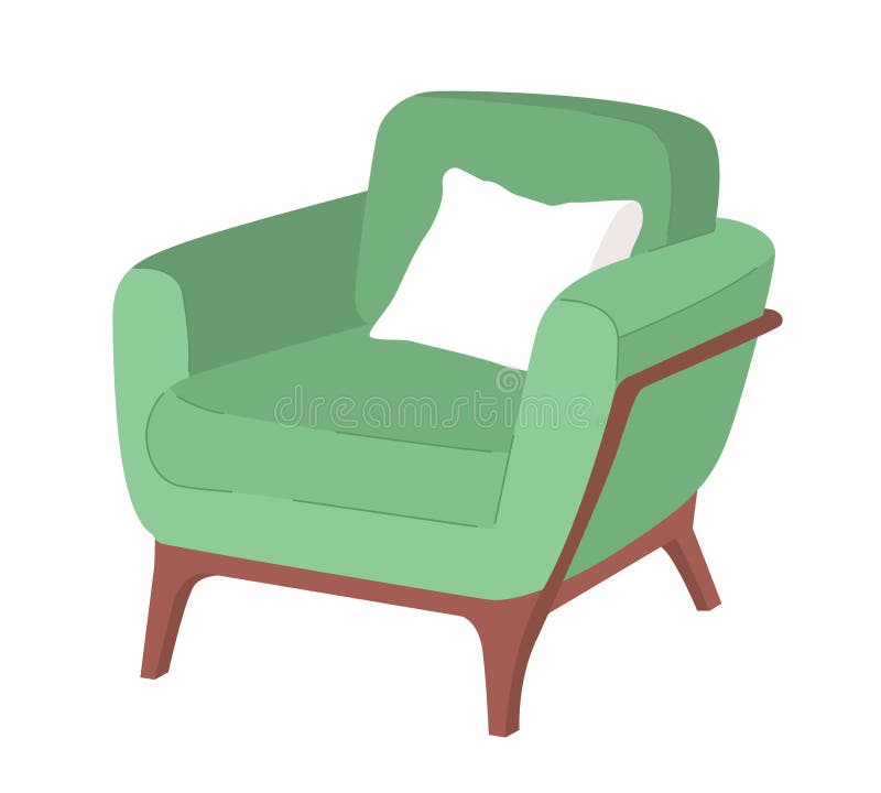 Comfortable Green Armchair with Pillow Semi Flat Color Vector Object Stock Vector Illustration