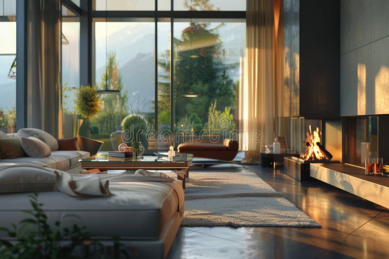 Comfortable living room with a warm fireplace, perfect for home decor blogs or interior design projects royalty free stock photos