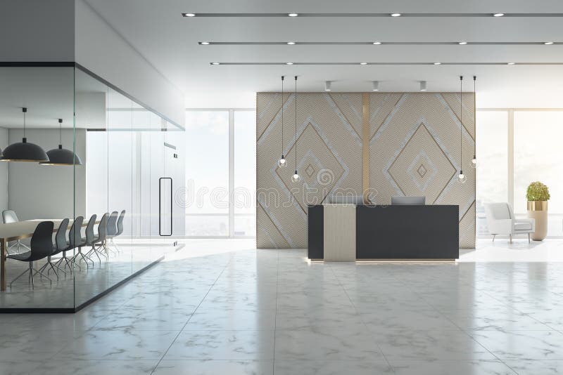 Comfortable Office Hall with Reception Desk and Conference Table Stock