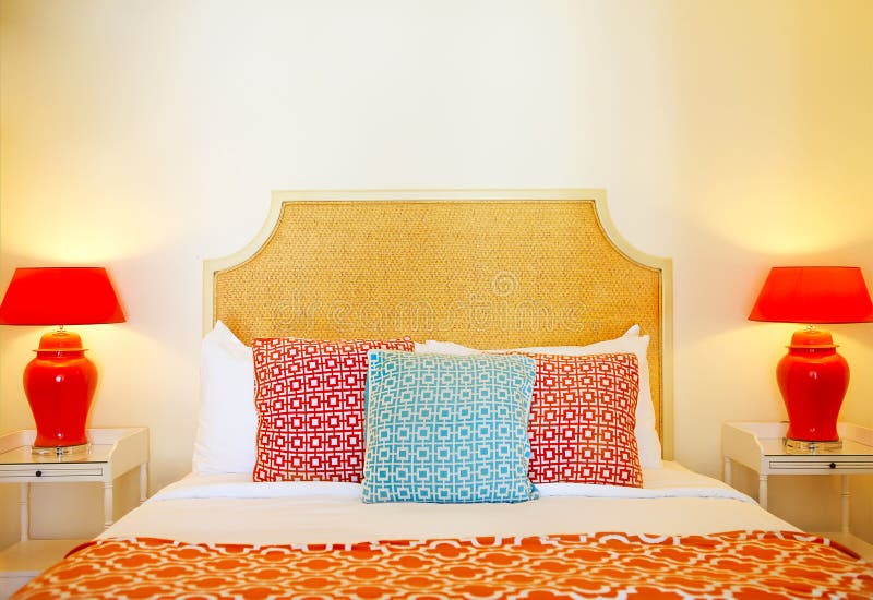 Comfortable Pillows on Bed Decoration in Hotel Bed Room Interior Stock
