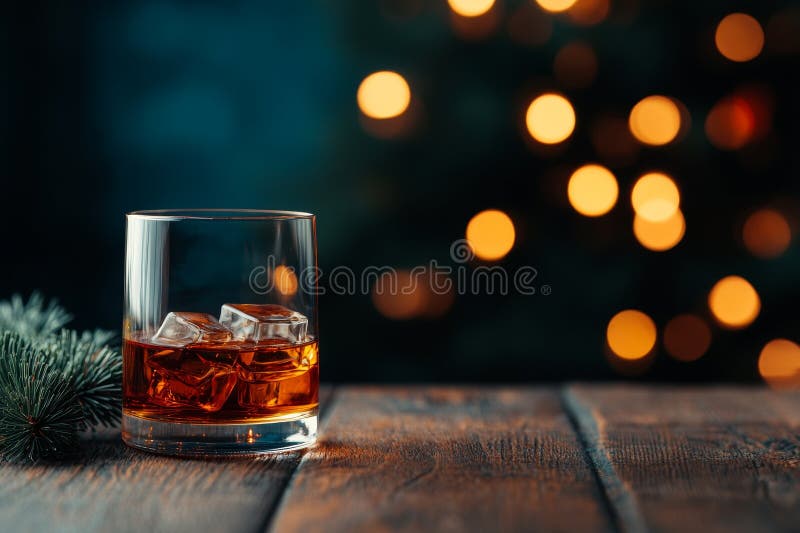 Whiskey glass on wooden table, amber spirit over ice with fir sprig and pine cones, warm bokeh lights creating festive cozy mood, textured wood surface and soft. Bokeh whiskey stock images, royalty-free photos and pictures
