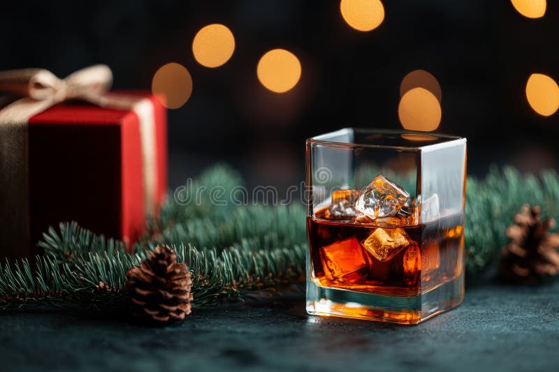 Whiskey glass on wooden table, amber spirit over ice with fir sprig and pine cones, warm bokeh lights creating festive cozy mood, textured wood surface and soft. Bokeh whiskey stock images, royalty-free photos and pictures