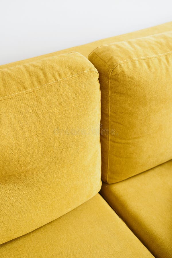 Comfortable Sofa Mustard Velvet Textile Closeup Modern Couch Bright Yellow Color Upholstery Living Room Comfort Rest 253680547 
