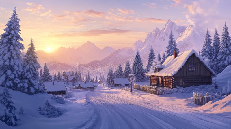 A comfortable winter lodge in a mountainous, snow-laden landscape at twilight, with windows radiating light. stock photos