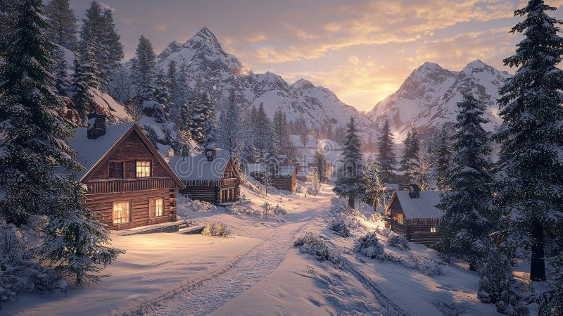 A comfortable winter lodge in a snowy mountain scene at twilight, windows radiating warmth. stock photography