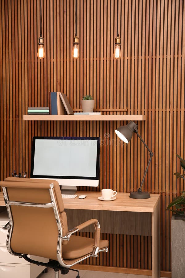 Comfortable Workplace with Computer Near Wooden Wall in Stylish Room  Interior. Home Office Design Stock Photo - Image of decorative, creative:  173608784