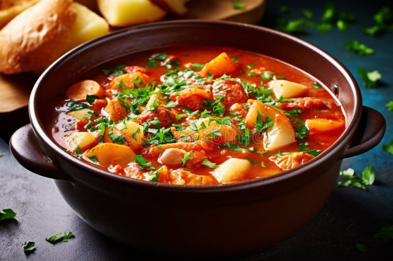 Comforting and hearty soups and stews. Soup or stew of meat and vegetables seasoned with paprika and other spices. Generative AI