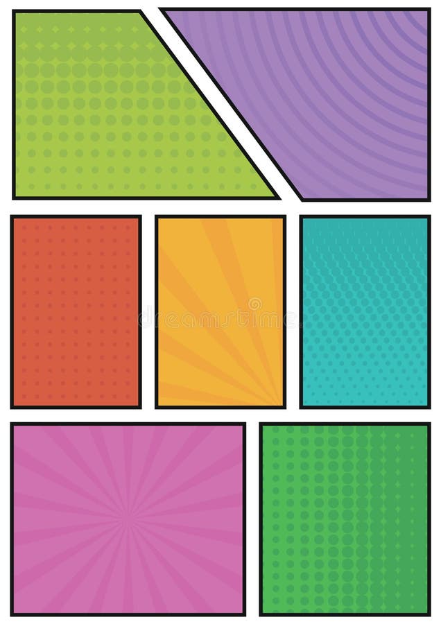Comic background. Colorful comic panels layout with rays, dots, lines. Comic strip frame vector illustration