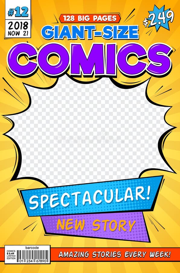 Comic book cover. Vintage comics magazine layout. Cartoon title page vector template