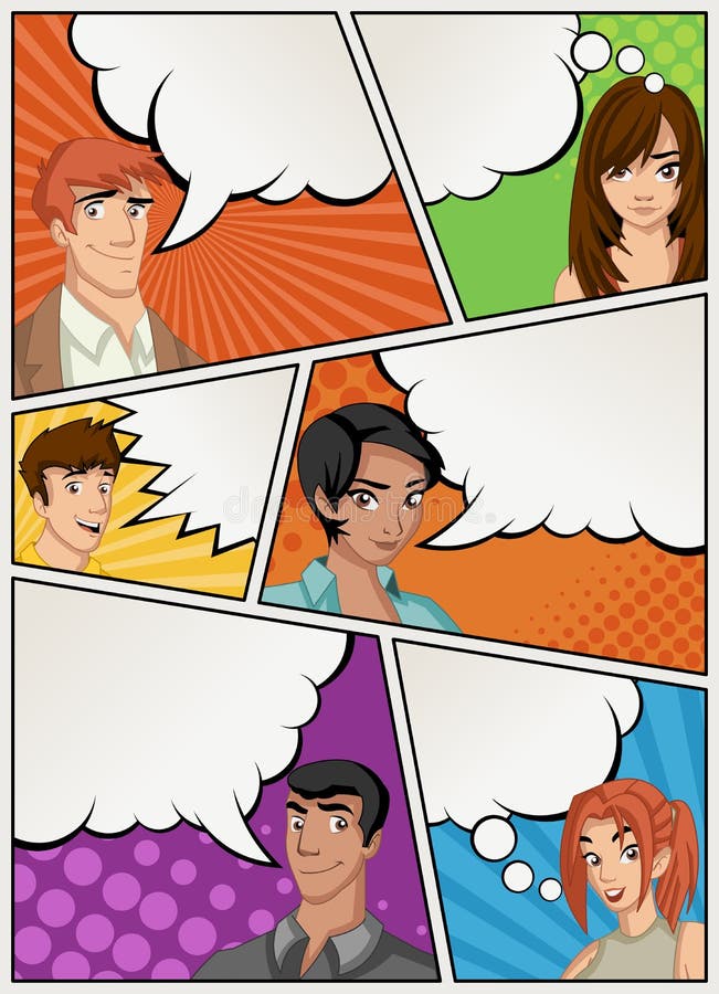 Comic book page with people talking. Comic strip background with speech bubbles.