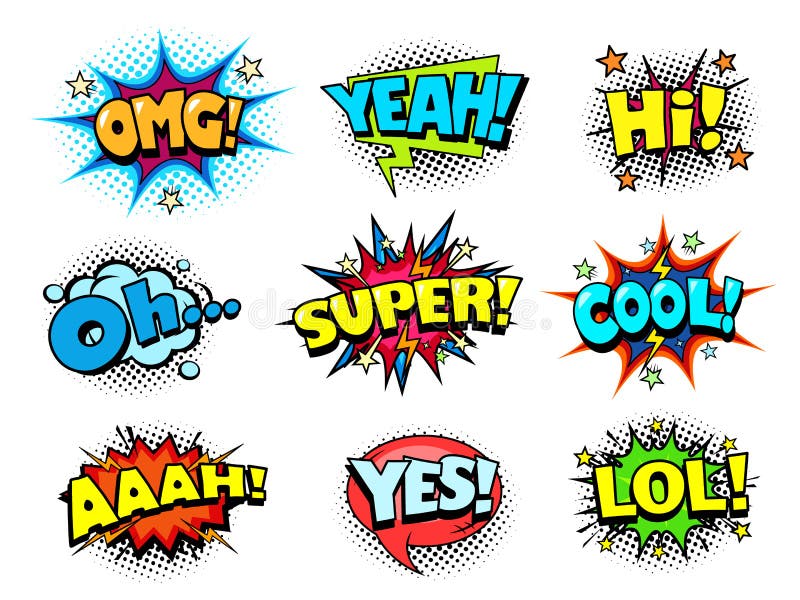 Comic book shouting sound effect, joy and cheers speech bubbles