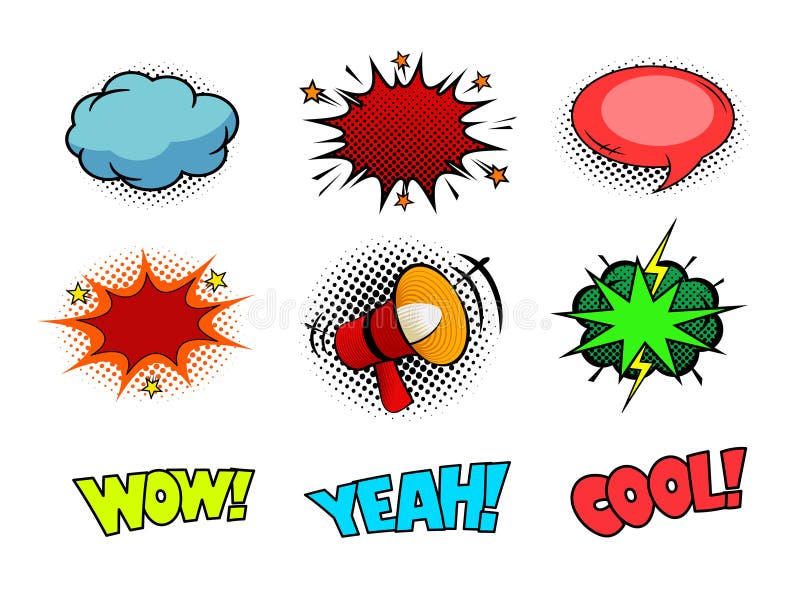 Comic book sound effect speech doodle bubbles, marveling and enjoying expressions stock illustration