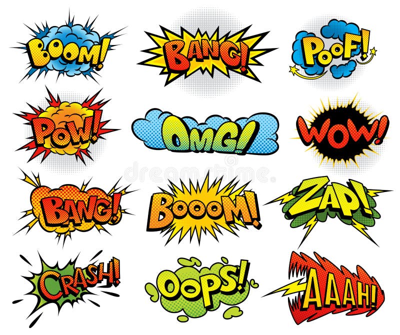 Comic Book Sound Set. Colored Hand Drawn Speech Bubbles Stock Vector ...